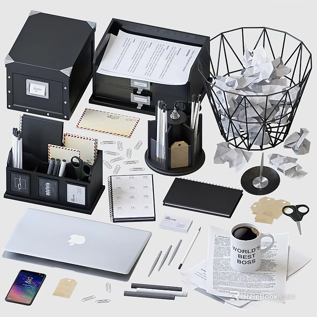 Office Desk Stationery Setup With Laptop Notebook Scissors Coffee Cup And Paper Clips 3d model 