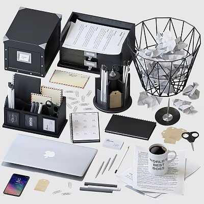 Office Desk Stationery Setup With Laptop Notebook Scissors Coffee Cup And Paper Clips 3d model