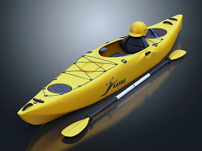 Yellow Single Person Kayak With Paddle And Helmet For Water Activities 3d model