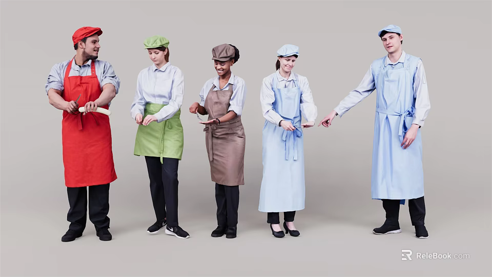 A Group Of People In Different Colored Aprons As Kitchen Staff 3d model 