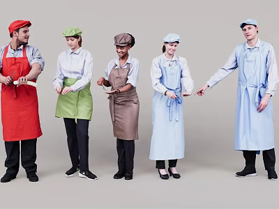 A Group Of People In Different Colored Aprons As Kitchen Staff 3d model