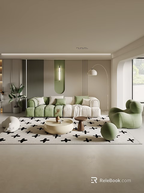 Modern Living Room Interior With Green Sofa Armchair Cross Pattern Rug And Plants 3d model 