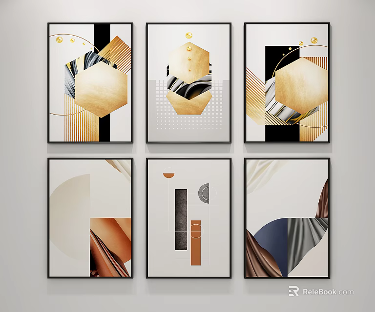 Modern Abstract Decorative Paintings With Geometric Patterns And Gold Elements On White Wall 3d model