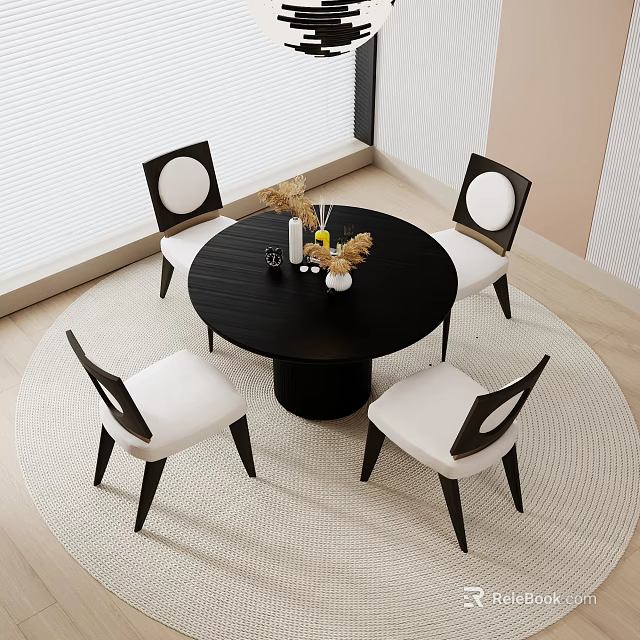 Modern Dining Table Set With Black Table White Chairs And Decorative Vase 3d model