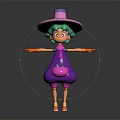 3D Witch Character With Green Hair Purple Hat And Pumpkin Pattern Dress