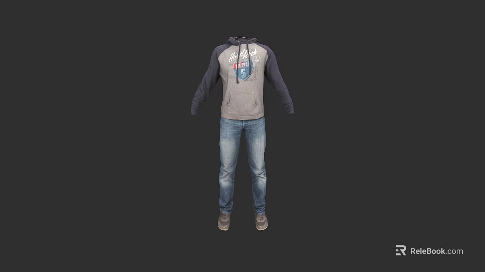 Gray And Navy Blue Graphic Hoodie Paired With Blue Denim Jeans 3d model 