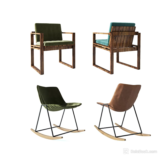 Comfortable Accent Chairs Featuring Wooden Frames Various Colors And Rocking Chair Designs 3d model 