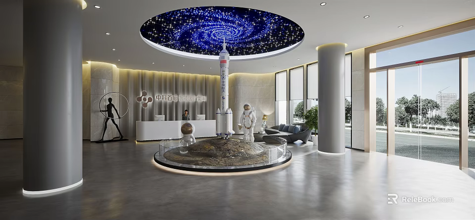 Modern Front Desk Reception Lobby With Starry Ceiling Rocket Model And Astronaut Sculptures 3d model