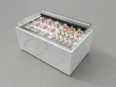 Display Cabinet With Marble Base Glass Top And Neatly Arranged Small Red Logo Items 3d model