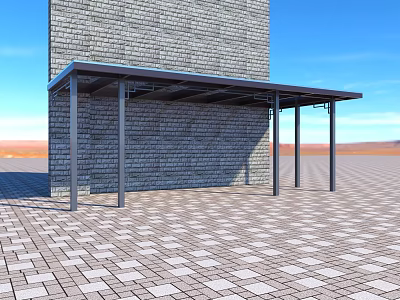 Outdoor Metal Canopy Attached To Brick Wall Building With Paved Outdoor Floor 3d model