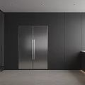 Modern Kitchen Interior With Stainless Steel Double Door Refrigerator And Black Cabinets