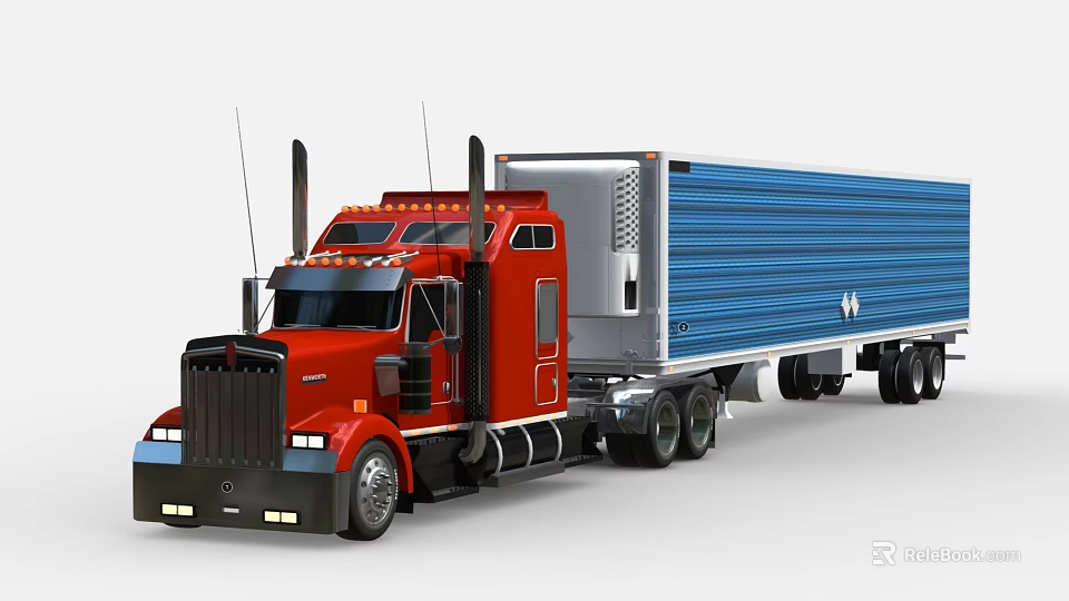 Red Semi Truck Featuring Blue Cargo Trailer And Sleek Cab Design 3d model 