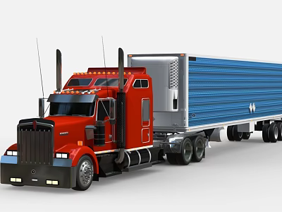 Red Semi Truck Featuring Blue Cargo Trailer And Sleek Cab Design 3d model