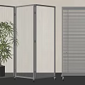 Modern Folding And Louvered Room Divider With Metal Frame Transparent Panel And Plant