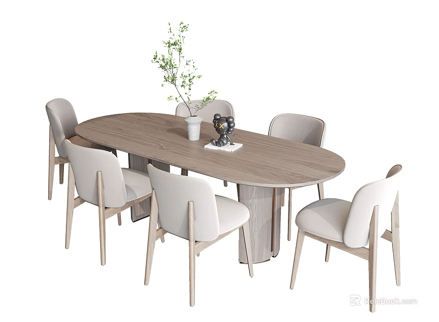 Oval Wooden Dining Table Set With Six Light Upholstered Chairs And White Vase Greenery Decor 3d model 