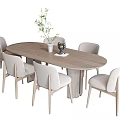 Oval Wooden Dining Table Set With Six Light Upholstered Chairs And White Vase Greenery Decor