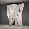 Floral Installation with Beige Pleated Drapes Chandelier Gray Background Wall and Floor
