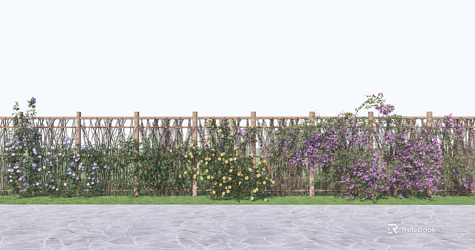 Bamboo Fence Surrounded by Purple Yellow Flowers and Green Plants with Stone Path 3d model 