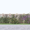 Bamboo Fence Surrounded by Purple Yellow Flowers and Green Plants with Stone Path