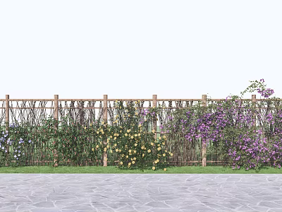 Bamboo Fence Surrounded by Purple Yellow Flowers and Green Plants with Stone Path 3d model