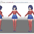 Game Character With Blue Purple Short Hair Red Top And Blue Pleated Skirt Three Views
