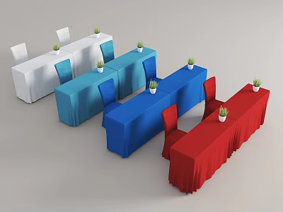 Colored Reception Desks With White Blue Red Tablecloths And Decorative Plants 3d model