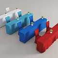 Colored Reception Desks With White Blue Red Tablecloths And Decorative Plants