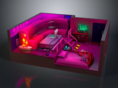 Cartoon Scene Of Pink Lit Room With Sofa Laptop Table Console Steps And Rug 3d model