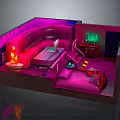 Cartoon Scene Of Pink Lit Room With Sofa Laptop Table Console Steps And Rug