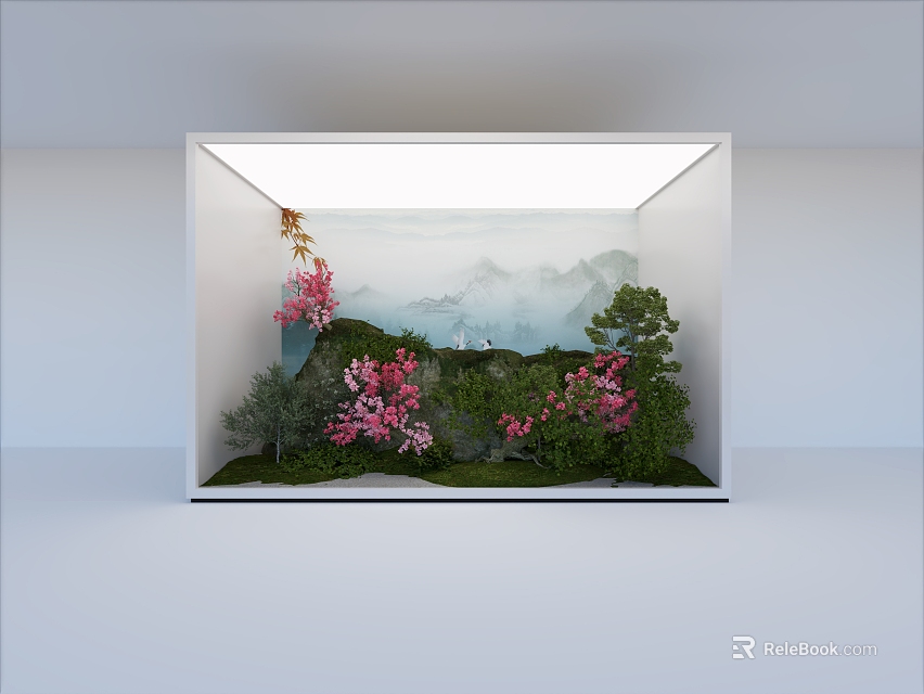 Indoor Living Plant Wall with Pink Flowers and Green Plants in Mountain Landscape 3d model 