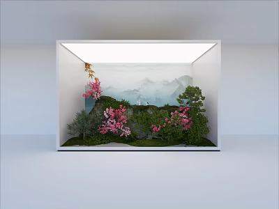 Indoor Living Plant Wall with Pink Flowers and Green Plants in Mountain Landscape 3d model