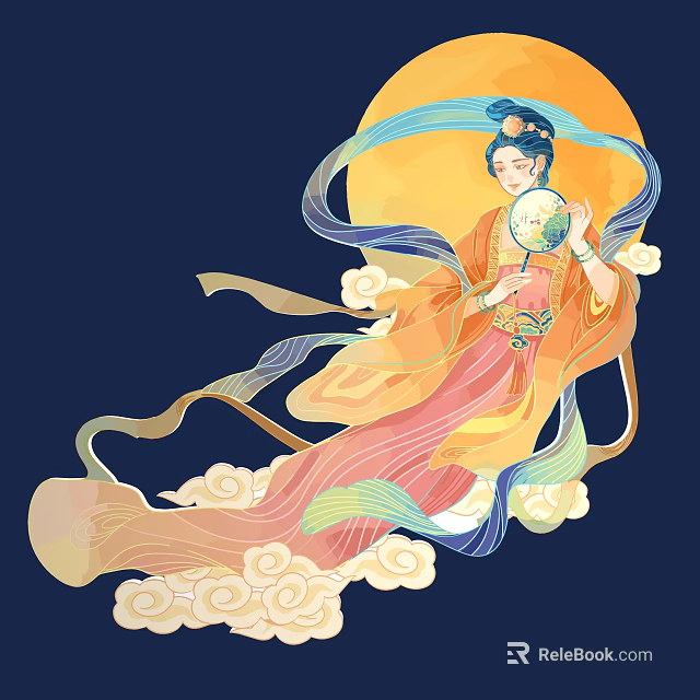 Traditional Chinese Female Figure Painting With Flowing Silk Robe Full Moon Clouds And Floating Ribbons 3d model 