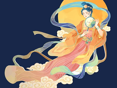 Traditional Chinese Female Figure Painting With Flowing Silk Robe Full Moon Clouds And Floating Ribbons 3d model