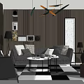 Modern Living Room Sofa And Coffee Table Set With Checkered Floor Floor Lamp And Mirror
