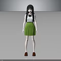 3D Character Girl With Long Black Hair White Shirt Green Pleated Skirt And Red Shoes