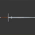 3D Rendered Medieval Sword With Blue Blade Red Handle And Cross Guard On Gray Background