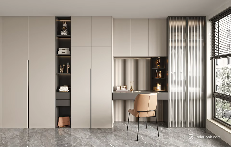 Modern Desk Interior With Beige Chair White Cabinets Decorations And Marble Floor 3d model 