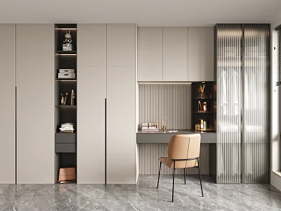 Modern Desk Interior With Beige Chair White Cabinets Decorations And Marble Floor 3d model