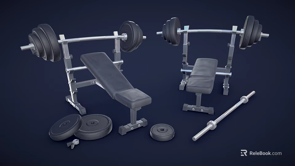 Essential Sports Equipment for Home Gym with Barbells Weight Benches Weight Plates and Barbell Bars 3d model 
