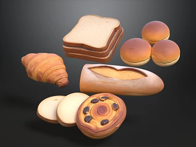 Assorted Fresh Bread Varieties Including Sliced Buns Croissant Baguette And Chocolate Chip Roll 3d model