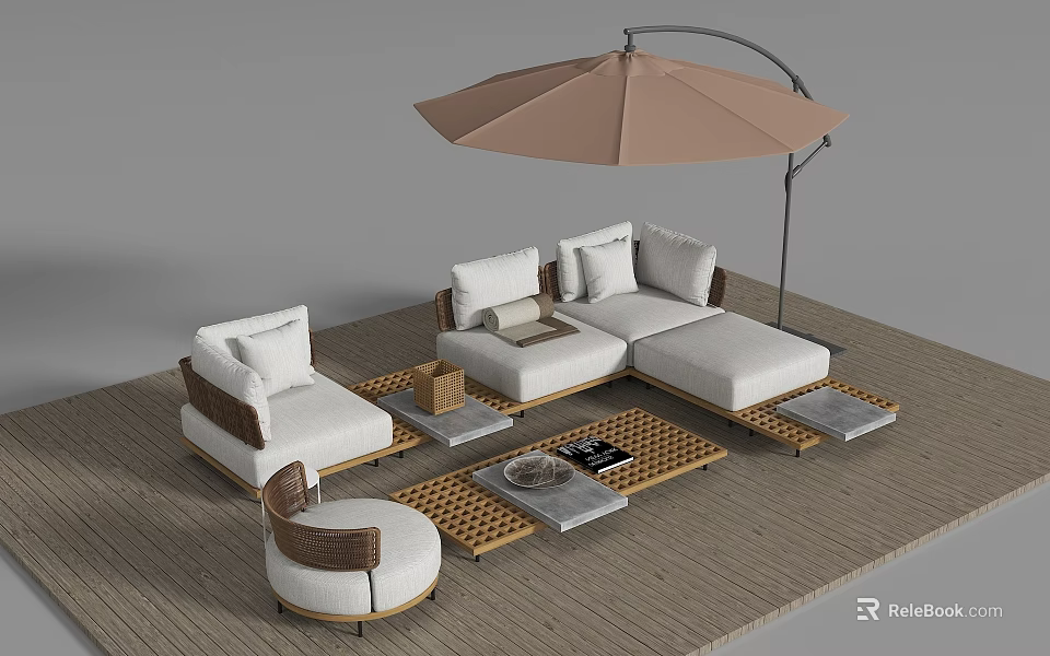 Outdoor Sofa Set With Parasol Coffee Table And Cushions On Wooden Deck 3d model 