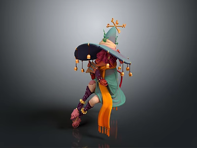 3D Model Female Witch With Red Hair Green Clothing And Decorative Hat In Sitting Pose 3d model