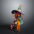 3D Model Female Witch With Red Hair Green Clothing And Decorative Hat In Sitting Pose