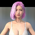 Pink Haired Female Game Movie Character In Gray Tank Top Skirt And White Shoes