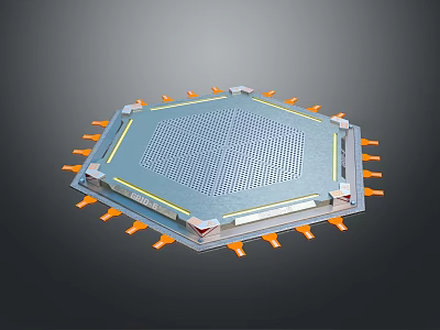 Octagonal Mechanical Structure With Grid Panel And Orange Protrusions On Gray Background 3d model