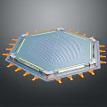 Octagonal Mechanical Structure With Grid Panel And Orange Protrusions On Gray Background