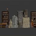 Decorative Scene Components With Bookshelves Stone Statues Stone Stacks And Wooden Bench