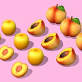 Fresh Juicy Peaches Whole And Halved With Green Leaves On Pink Background