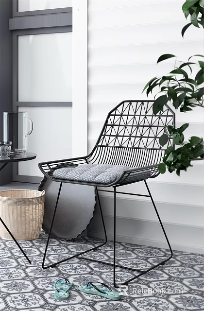 Modern Black Metal Accent Chair With Geometric Backrest And Gray Cushion In Bright Room 3d model 