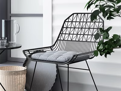 Modern Black Metal Accent Chair With Geometric Backrest And Gray Cushion In Bright Room 3d model